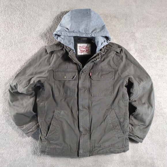 Levi’s Sherpa Lined Hooded Military Jacket Mens M Olive Green Workwear Winter - Picture 1 of 13